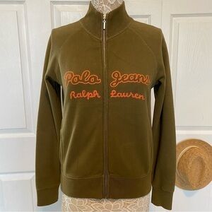 Ralph Lauren Polo Jeans Embroidered Zip-front olive green sweater size Medium